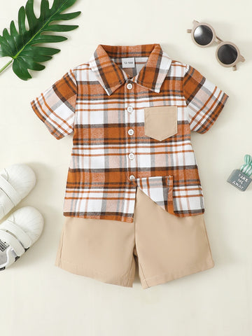 Plaid Pocketed Shirt and Shorts Set