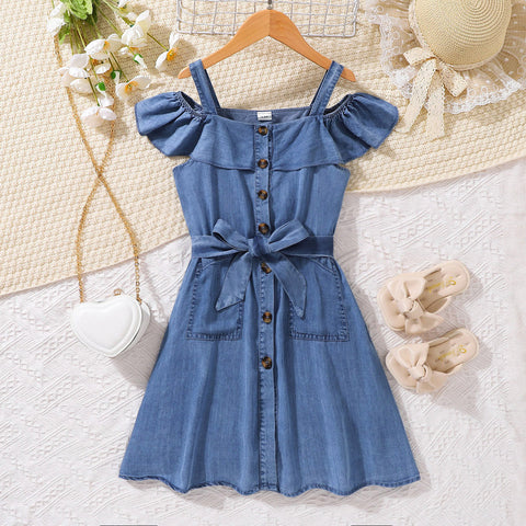 Girls Cold-Shoulder Buttoned Denim Dress