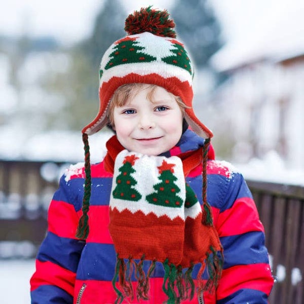 Kid's Winter Knitted Lined Christmas Tree Pom Beanie Scarf