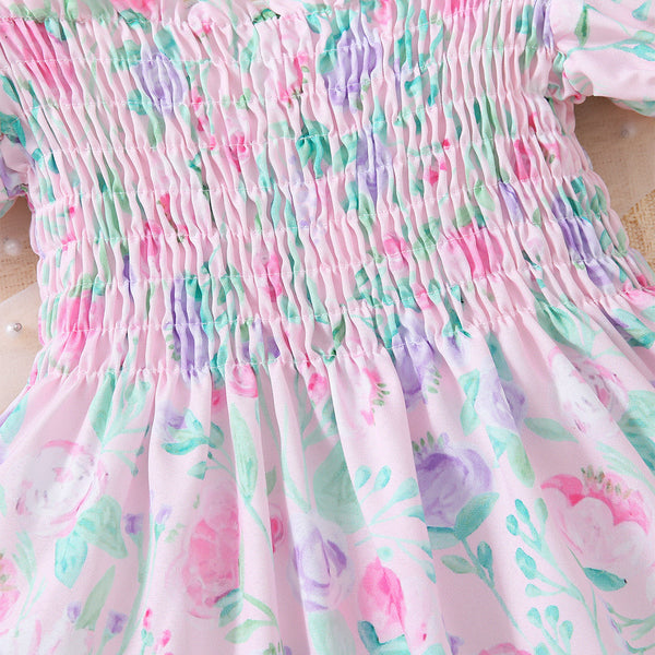 Baby Girl Floral Ruffle Trim Smocked Dress