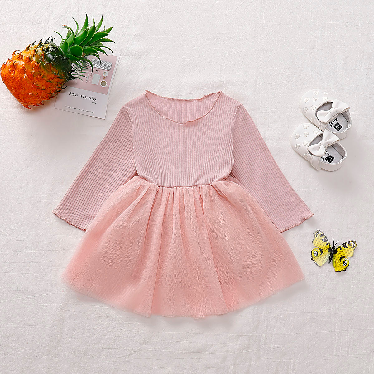 Girls Round Neck Ribbed Tulle Dress