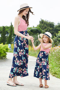 Girls Striped Floral Sleeveless Dress