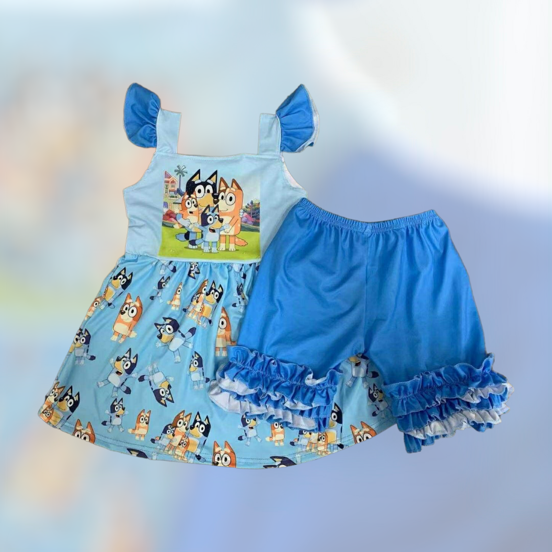 Blue Puppy with Ruffles Short Set