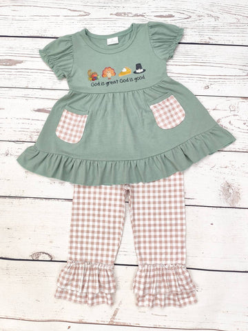 Girls Turkey Top With Checkered Pants Two Pieces Set