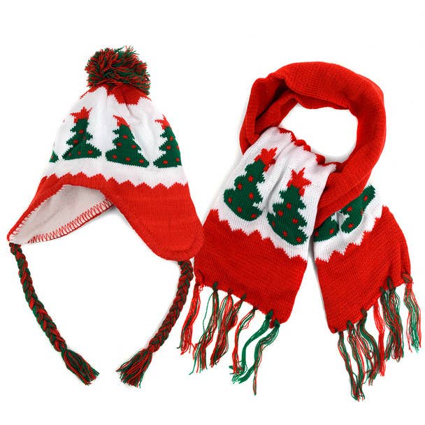 Kid's Winter Knitted Lined Christmas Tree Pom Beanie Scarf