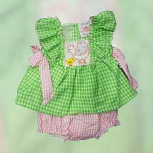 Green and white Gingham Chicken
