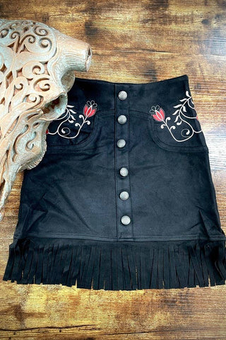 Girls Black Suede Floral Western Fringe Skirt